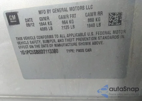 2013 Chevrolet Cruze 1Lt Auto from USA, damaged, VIN 1G1PC5SB8D7113380